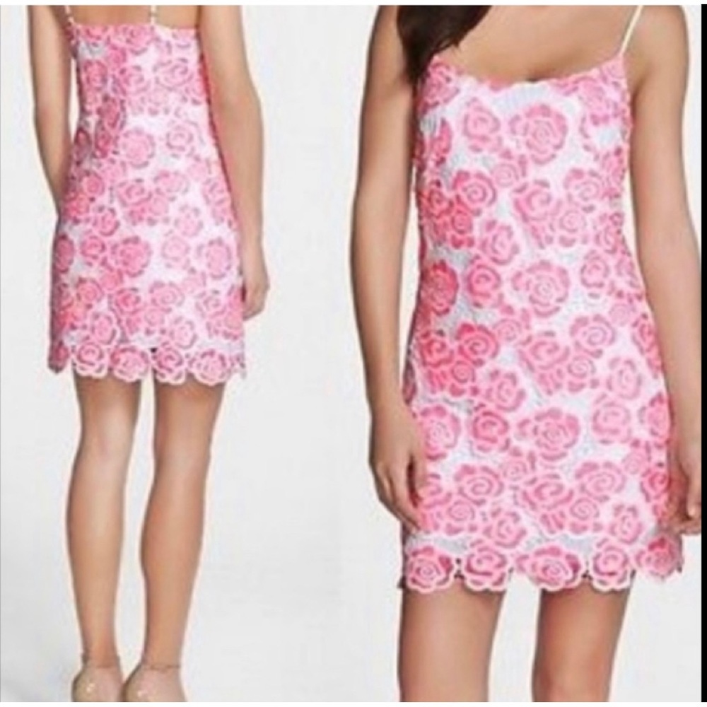 Lilly Pulitzer Beth Pink & White Two Tone Floral Lace Overlay Dress, Size 0 - Picture 2 of 8